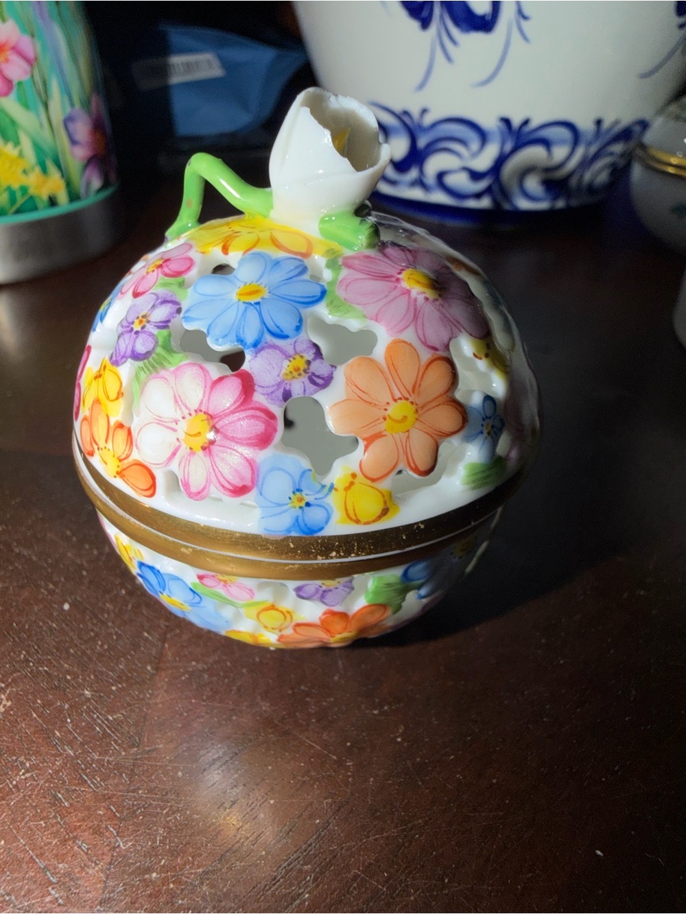 Floral Porcelain Trinket Jar with Gold Band - Multicolor